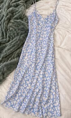 RESA Blue & White Heart Print Slip Dress Size Small Midi/Maxi
